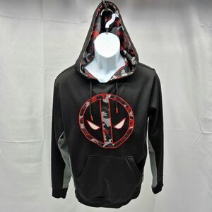 Marvel Deadpool Camo Logo Black Grey Pullover Kangaroo Hoodie Sweatshirt Small..